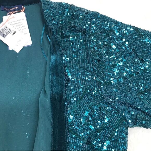 SKIES ARE BLUE Teal Sequin Belted Duster Cardigan Kimono Wrap Size XS/S New - Picture 9 of 14